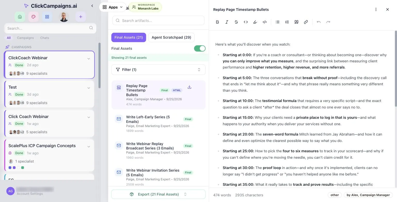 Campaign Artifacts drawer listing 21 final assets such as email series and replay page bullets with Final and HTML badges, next to a rich-text editor showing timestamped webinar replay bullets