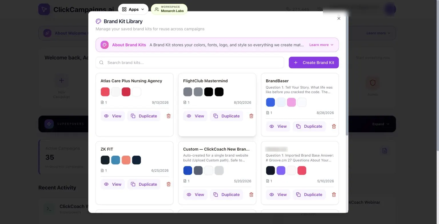 Brand Kit Library modal with several saved brand kits, each with color swatches and View and Duplicate actions
