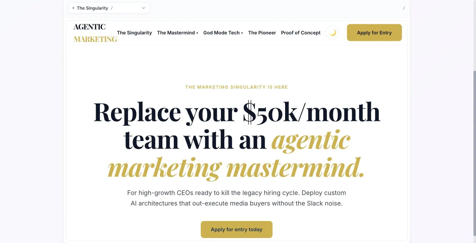 Preview of an AI-built brand website for Agentic Marketing with navigation and a serif hero headline and a gold call-to-action button