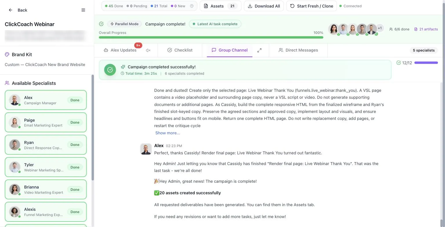 Collaboration workspace with the specialist roster marked Done, a 100% progress bar with specialist avatars, and the Group Channel where Alex announces the campaign is complete with 20 assets created