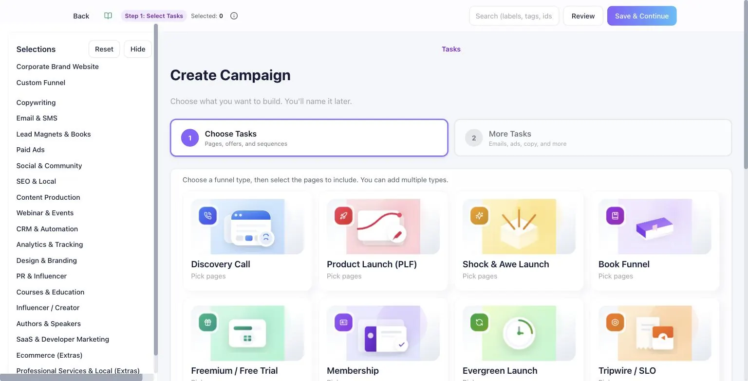 Create Campaign wizard showing a category sidebar (Copywriting, Email & SMS, Paid Ads, SEO, Webinar and more) and an illustrated grid of funnel types including Discovery Call, Product Launch, Book Funnel, Membership, Evergreen Launch and Tripwire