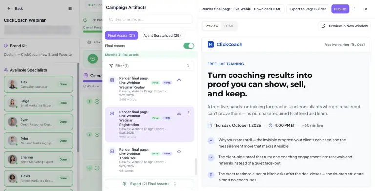 Asset preview of a generated webinar registration page with headline, date and time, and bullet benefits, next to the artifact list with Download HTML, Export to Page Builder and Publish actions