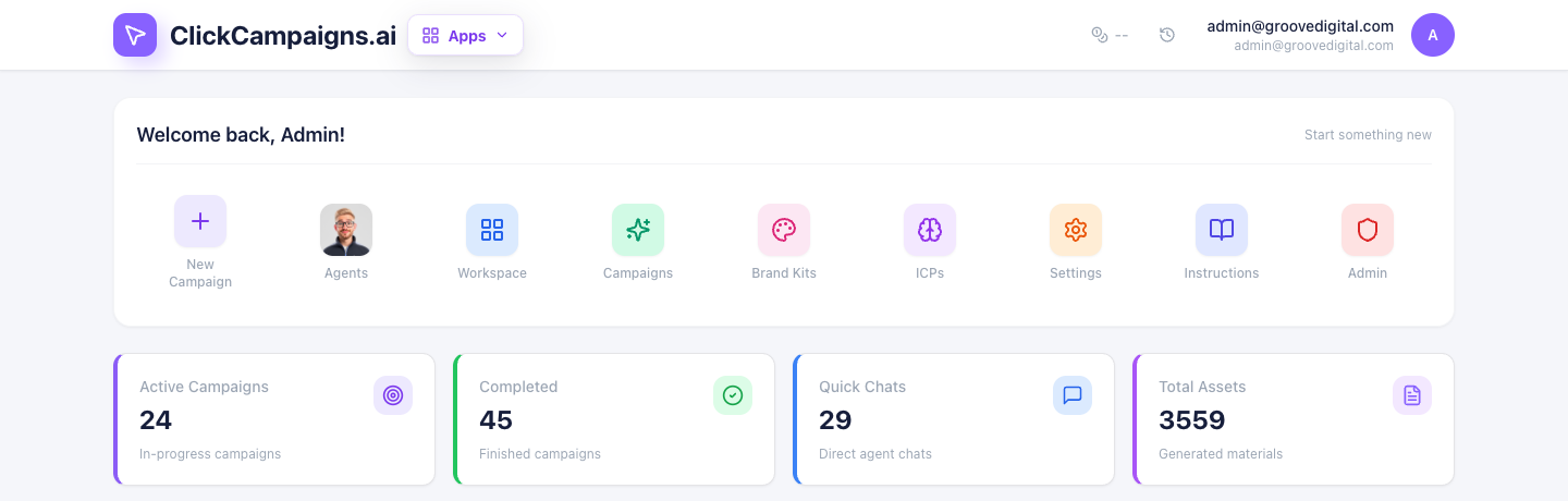 The current ClickCampaigns dashboard with campaign actions and activity totals visible and onboarding panels closed